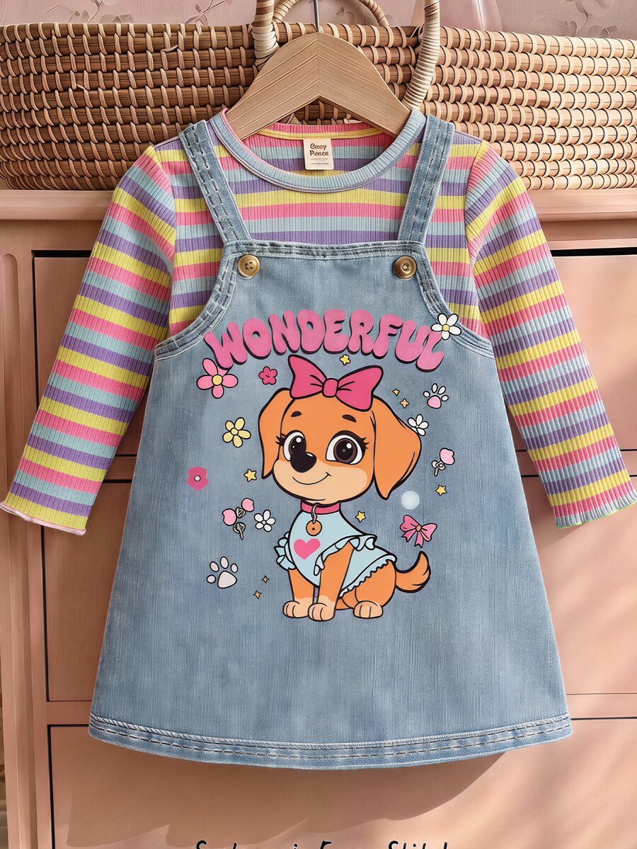 Baby Girl Colorful Striped Round Neck Long Sleeve Pullover Top & Floral Pattern Suspender Dress 2-Piece Set - Blue - View 1