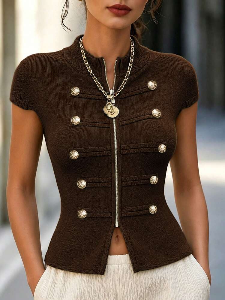 SHEIN New Spring Fall Napoleonic Military Double Breasted Knit Vest Women Stand Collar Full Zip Cap Sleeve S - Coffee Brown - View 3