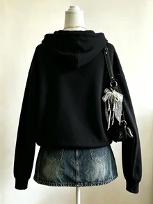 Lalippa 女款黑色粉色花卉衛衣，Y2K 搖滾風休閒秋季上衣，日常街頭音樂節度假穿搭，送給朋友的禮物 - 黑色 - 查看 2