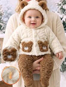 SHEIN Unisex Coral Fleece Set With Bear Embroidery For Newborn Babies, Winter Cute Style - Brown - View 3