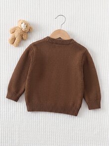 男嬰毛巾刺繡 3D 熊圖案圓領套頭長袖針織衫 - 棕色 - 查看 2