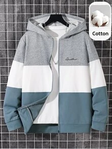 SHEIN 青少年男孩休閒字母圖案拼色連帽衛衣，適合秋冬返校季 - 彩色 - 查看 2