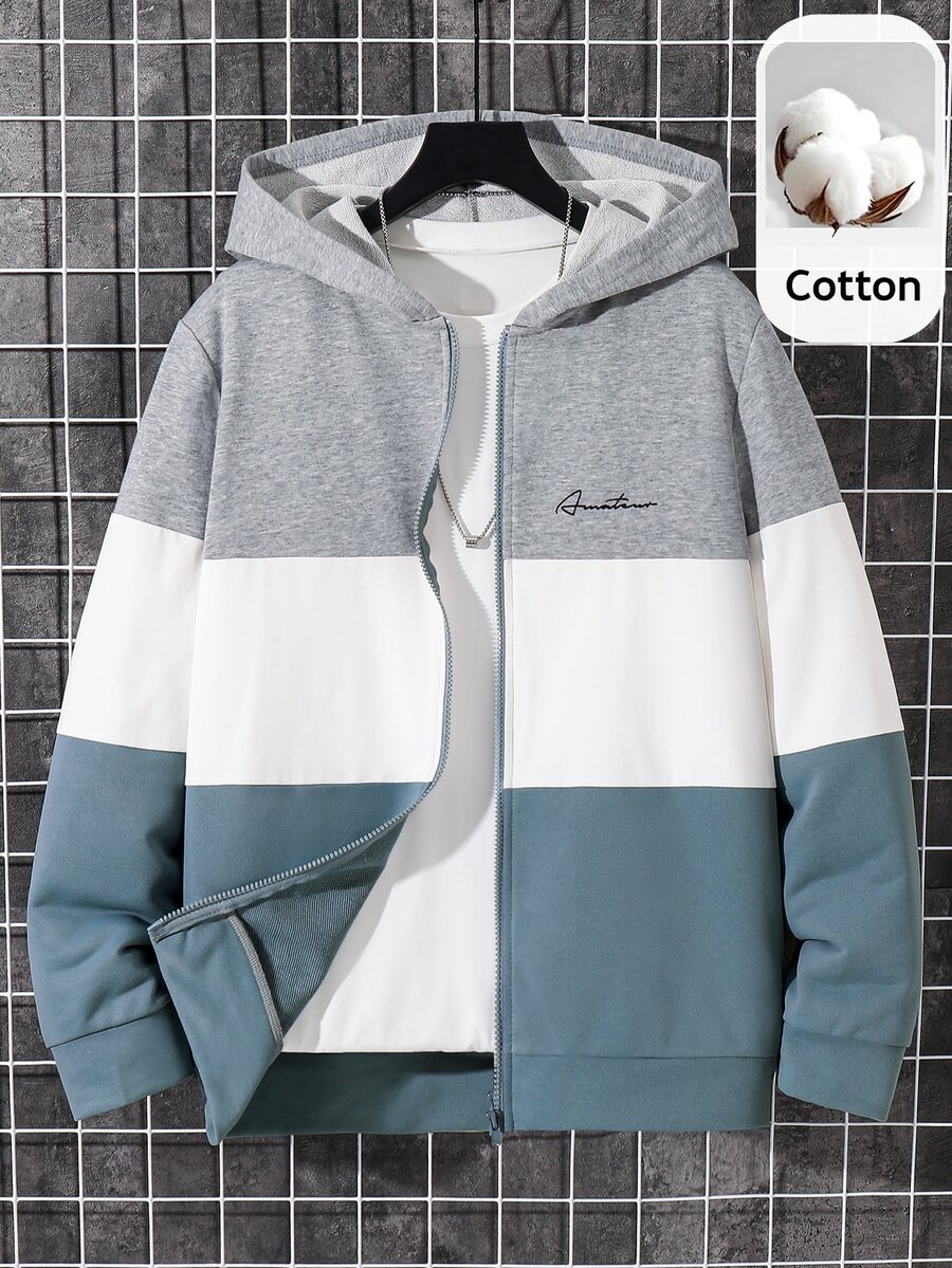 SHEIN Sweatshirt berkerudung kasual bermotif huruf dan kombinasi warna untuk remaja laki-laki, sempurna untuk musim gugur/musim dingin saat kembali ke sekolah.