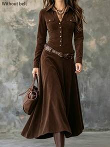 SHEIN Gaun Panjang Elegan Wanita untuk Musim Gugur/Musim Dingin - Coklat - View 1