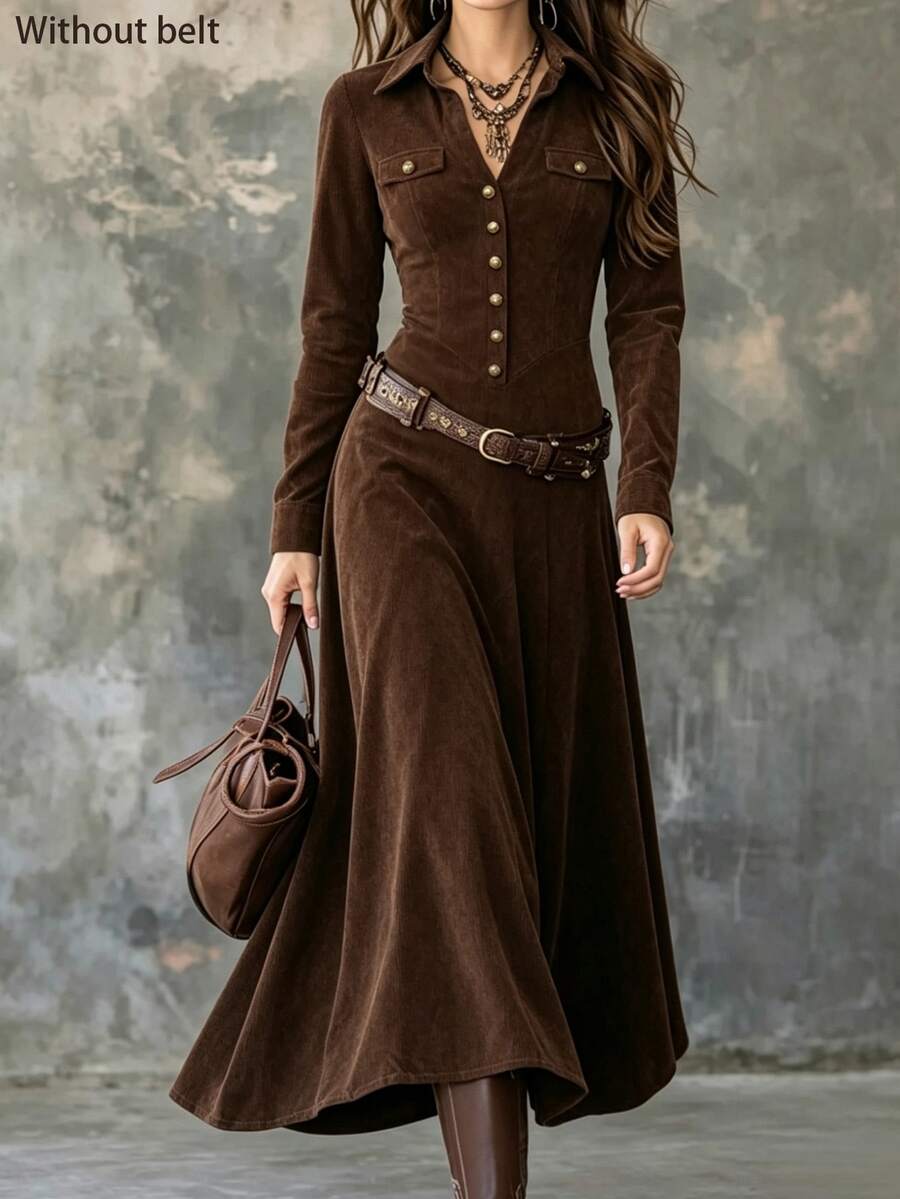 SHEIN Gaun Panjang Elegan Wanita untuk Musim Gugur/Musim Dingin - Coklat - View 1