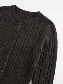 SHEIN Franclia French Henley Neck Vertical Rib Fitted Knit Cardigan, 1/14NM Baihua Fleece Soft Slim Cropped Sweater - Coffee Brown - View 1