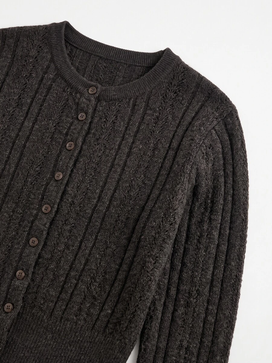 SHEIN Franclia French Henley Neck Vertical Rib Fitted Knit Cardigan, 1/14NM Baihua Fleece Soft Slim Cropped Sweater - Coffee Brown - View 1