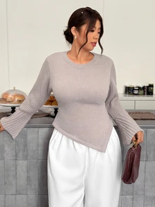 Firerie Sweater Pullover Wanita Ukuran Besar Warna Polos Kerah Bulat Lengan Panjang dengan Hem Asimetris untuk Musim Dingin - Grey - View 6