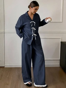DAZY 可愛配色拼接蝴蝶結蕾絲飾邊女款兩件式睡衣套裝 - 藏蓝色 - 查看 6