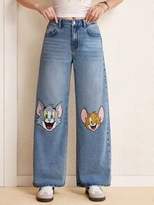 TOM & JERRY X SHEIN Women's Cartoon Pattern Wide Leg Loose Casual Denim Jeans With Pockets - Blue - View 1