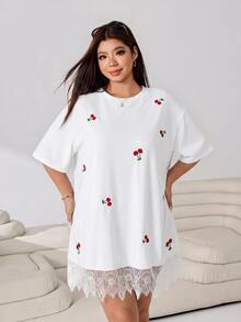 Solflare White Lace Patchwork Cherry Embroidery Plus Size Dress - White - View 5