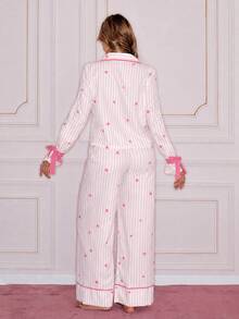 SweetSlumber Striped Heart Print Lapel Front Button Bow Tie Long Sleeve Women's Pajama Set - Multicolor - View 2
