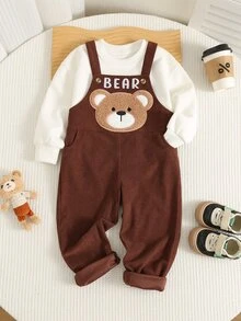 SHEIN Kids Young Boys Baby Boy Corduroy Cute Cartoon Bear Pattern Overall Jumpsuit, Versatile And Comfortable, Suitable For Spring, Autumn And Winter - Brown - View 6