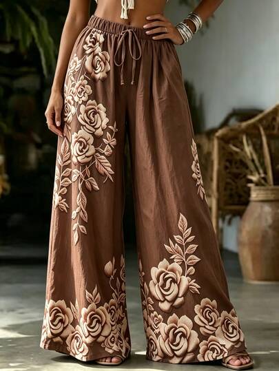 Omancia Calça Longa Feminina Casual Vintage Solta com Estampa Floral, Cintura Elástica e Cordão, Adequada para Reuniões de Mulheres do Campo, Encontros, Trabalho, Deslocamento, Uso Diário, Ação de Graças, Roupa Essencial para Trabalho e Deslocamento