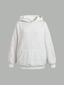 SHEIN 青少年女孩淺灰色針織粉色字母刺繡秋季運動休閒衛衣 Y2K 灰色運動風衛衣 - 淺灰色 - 查看 5