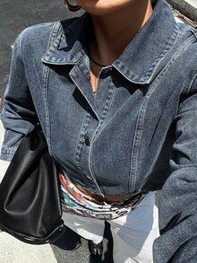 Dazy Plus Washed Denim Cropped Short Sleeve Collared Top Street Style Plus Size Women Spring Summer Blogger Denim Shirt - Medium Wash - View 1