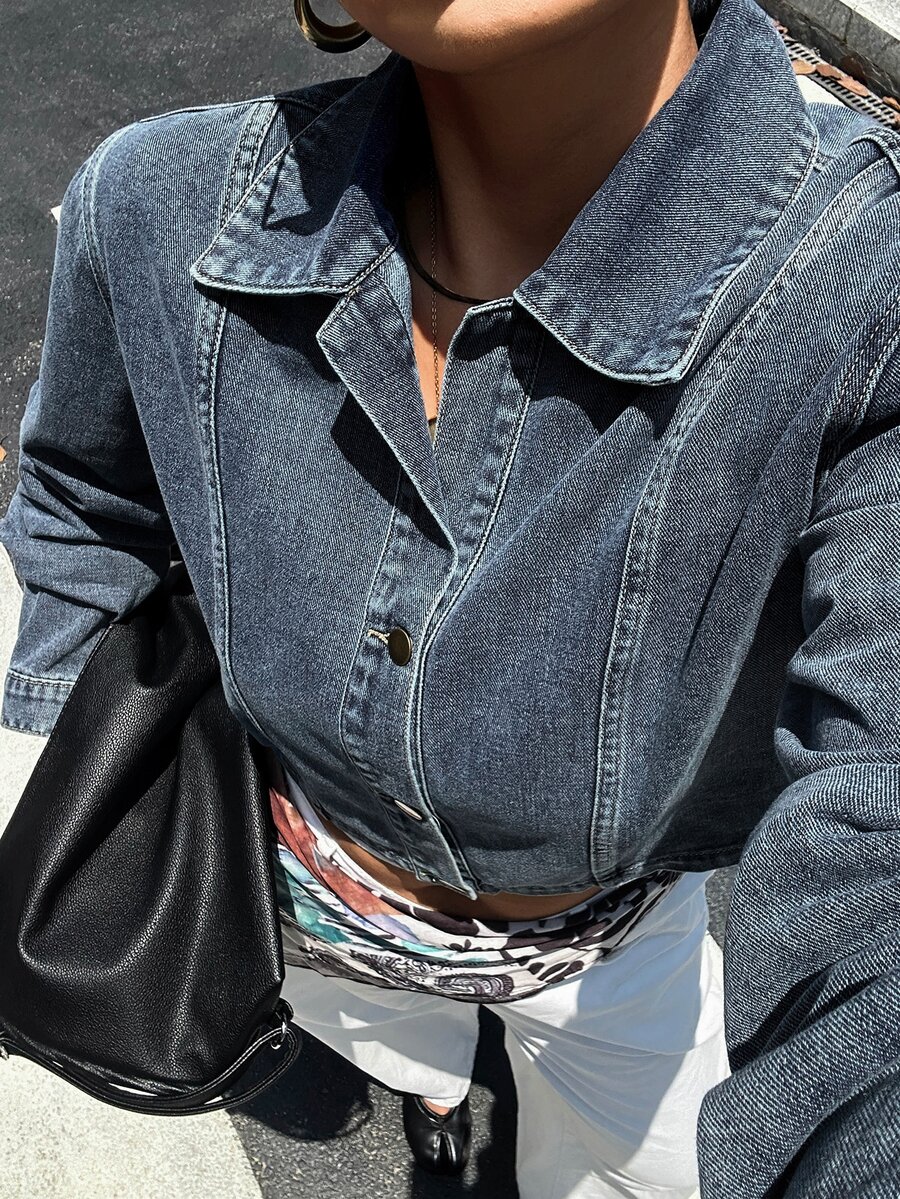 Dazy Plus Washed Denim Cropped Short Sleeve Collared Top Street Style Plus Size Women Spring Summer Blogger Denim Shirt - Medium Wash - View 1