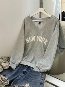 SHEIN EZwear 女款V領寬鬆大尺寸休閒衛衣，紐約圖案，休閒街頭時尚百搭，返校穿搭，夜店派對 - 灰色 - 查看 2