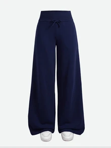 SHEIN Teen Girl Teen Girls Knit Navy Blue Drawstring Casual Long Pants - Navy Blue - View 4