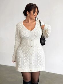 Firerie Pure Desire Slouchy Cable Knit Short Dress, V-Neck Faux Button Waist Cinched A-Line Dress, Flattering Slimming Long Sleeve Dress - Apricot - View 2