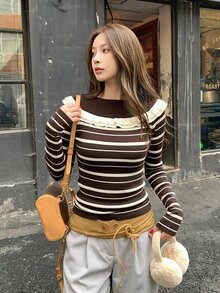 DAZY Cool-Tone Contrast Color Design Striped Off Shoulder Knit Sweater Women's Autumn/Winter Base Layer With Frill Trim - Coffee Brown - View 5