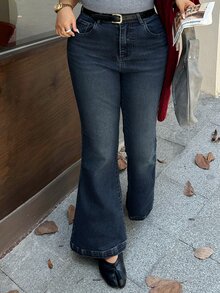 Dazy Plus Vintage Denim Washed Distressed Fitted Flare Leg Jeans Plus Size Women Spring Autumn All Season - Dark Wash - View 5