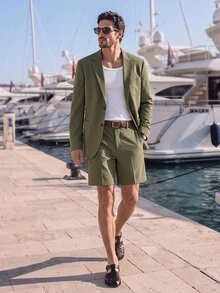 Suiteron Men's Solid Color Long Sleeve Jacket And Shorts Casual Suit Set Men's Italian-Style Relaxed Casual Suit Set For Vacation, Daily Commuting, Old Money - Army Green - View 4