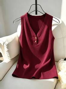 Franclia Women's Plus Size V-Neck Tank Top With Button Decor, Suitable For Commuting, Casual, Home And Dating - Burgundy - View 3