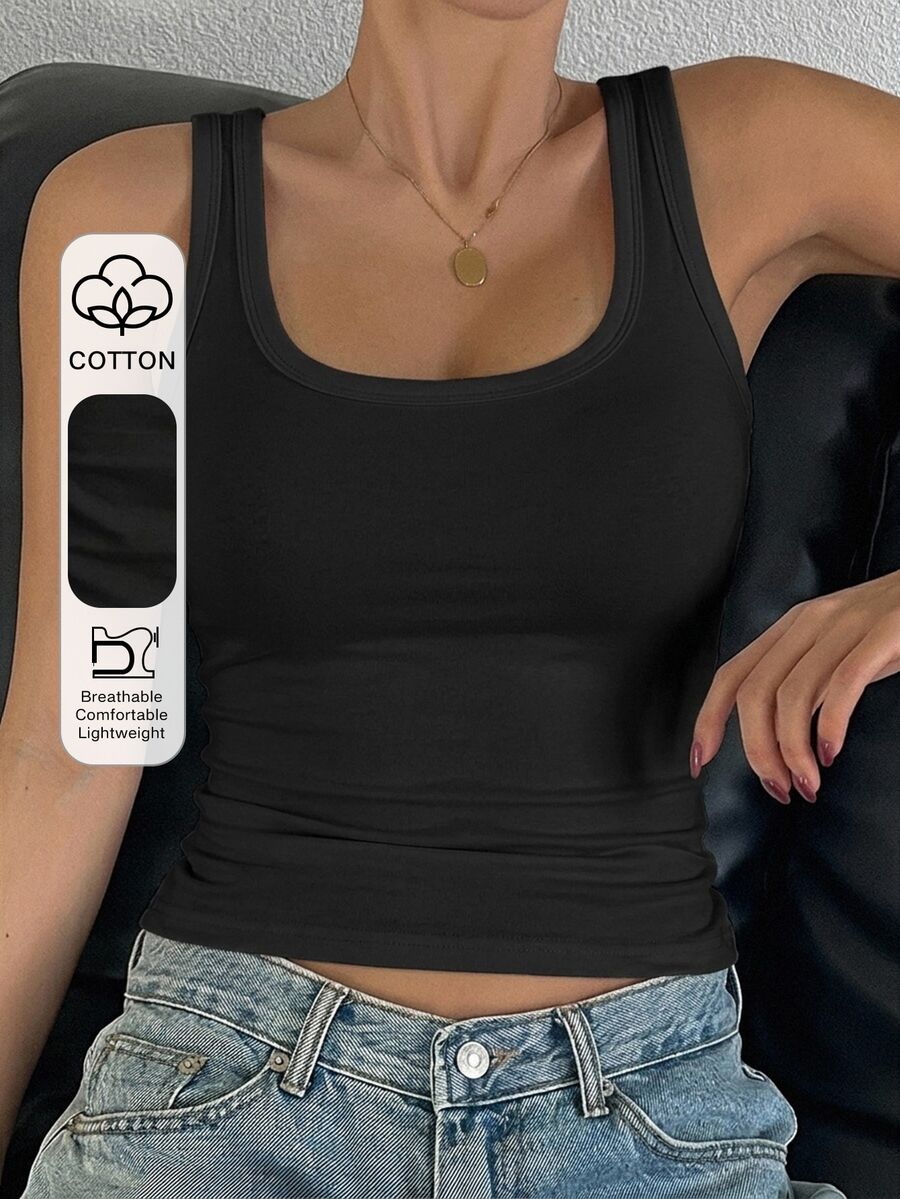 DAZY Women's Solid Color Square Neck Fitted Casual Versatile Tank Top - White - View 1