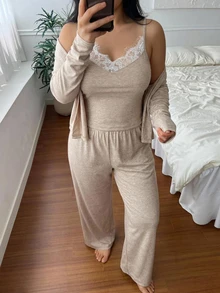 Dazy Plus Korean Style Casual Loungewear 3 Pieces Set With Long Pants, Spring/Autumn New Pajama Set - Khaki - View 2