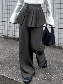 FRIFUL Women's Solid Color Side Knot Pleated Skirt And Long Pants Casual 2 Pieces Set Fall - Grey - View 4