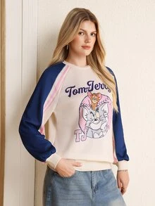 TOM & JERRY X SHEIN بلوزة رياضية كاجوال بأكمام طويلة بطبعة حروف كرتونية للنساء - لون مشمشي - مشاهدة 4