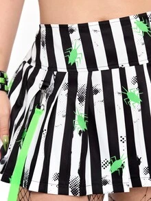 Beetlejuice X ROMWE تنورة ميني كاجوال متعددة الاستخدامات للنساء بمقاسات كبيرة بتصميم مخطط وألوان متباينة - الأسود - مشاهدة 9