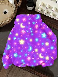 SHEIN 螢光效果！K-Pop 女團趣味星星與月亮圖案，青少年女孩休閒衛衣，韓系風格，輕鬆舒適，時尚童裝，Y2K，可愛，派對，日常，度假，舒適 - 彩色 - 查看 3