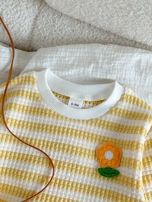 SHEIN Playful Pals 2件組女嬰休閒百搭時尚長袖上衣與長褲套裝，適合春秋冬季日常穿著 - 黃色 - 查看 5