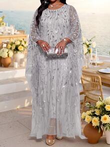 Fleurora Plus Size Women's Floral Embroidered Mesh Batwing Sleeve Elegant Dress - Silver - View 4
