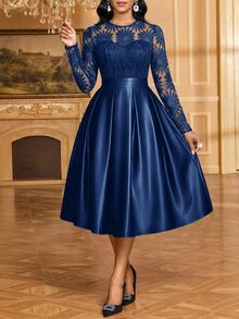 SHEIN Lady Women's Contrast Lace Round Neck Long Sleeve Pleated Design Elegant Midi Dress - Navy Blue - View 1