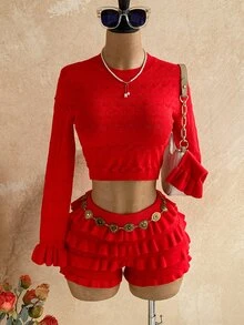 Soleia Women's Holiday Casual Cute Romantic Elegant Long Flare Crop Top And Ruffle Low-Waist Mini Skirt 2 Pieces Set, Beach Everyday Party Autumn - Red - View 4