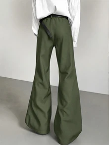 Manfinity Hypemode Men's Casual 80s Strench Flare Pants Solid Color Mid Rise Slim Fit Trousers With Pockets Vacation Holiday Olive Green Autumn - Army Green - View 2