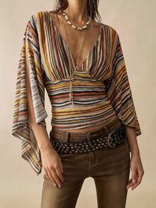 Bohemela Women's Vintage Brown Striped V-Neck T-Shirt With Split Flared Sleeves For Fall, Perfect For Vacations And Going Out - Multicolor - View 8