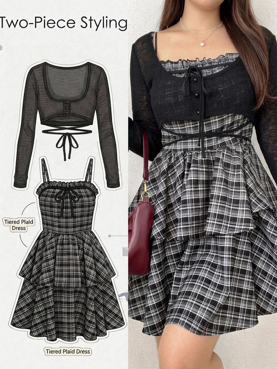 Dazy Plus Early Autumn New Plaid Cami Dress With Tie-Front Cardigan, 2 Pieces Set - Black - View 1