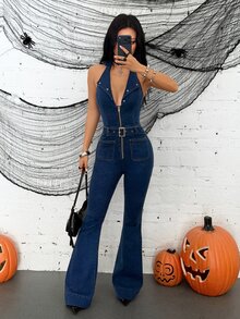 Jeanoix Women's Eyelet Design Zipper Front Halter Neck Flare Leg Denim Jumpsuit - Blue - View 6