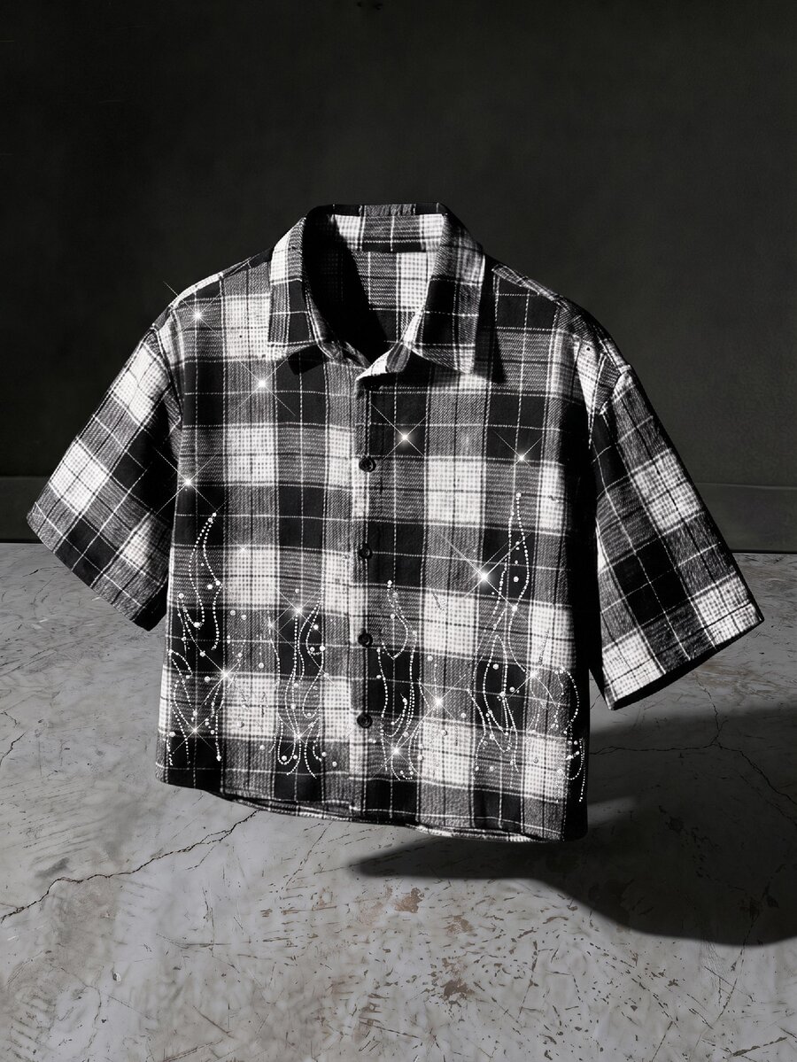NORVETH Men's Fashion Plaid Rhinestone Studded Decorative Shirt - Black and White - View 1