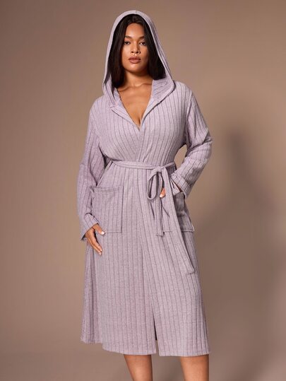 Lazeform Plus Size Women's Knit Ribbed Brushed Fabric Casual Minimalist Fashion Comfortable Hooded Large Pocket Long Sleeve Robe