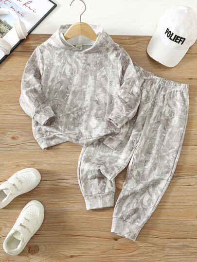 SHEIN Young Boys Loose Fit Sports Casual Minimalist Camouflage Sports Style Landscape 3D Street Graffiti Oversized Pattern Comfortable Long Sleeve Hoodie Sweatshirt 2-Piece Set Suitable For Autumn/Winter