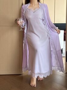 Dazy Plus Romantic Lace Contrast Mesh Camisole Maxi Dress Pajama Set, Soft Purple Fall - Purple - View 4