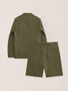 Suiteron Men's Solid Color Long Sleeve Jacket And Shorts Casual Suit Set Men's Italian-Style Relaxed Casual Suit Set For Vacation, Daily Commuting, Old Money - Army Green - View 9