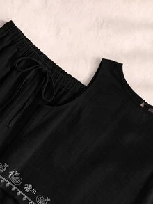 Rusticease 女款腰果刺繡圓領背心上衣與長褲休閒兩件套 - 黑色 - 查看 5