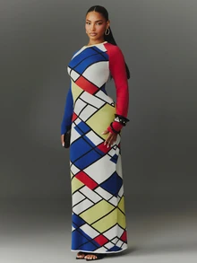 NYA SZN Gaun Rajut Kasual Harian Wanita dengan Motif Blok Warna - MultiWarna - View 3