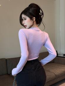 Joudiya Women's Elegant Solid Color Long Sleeve T-Shirt, Autumn - Purple - View 7
